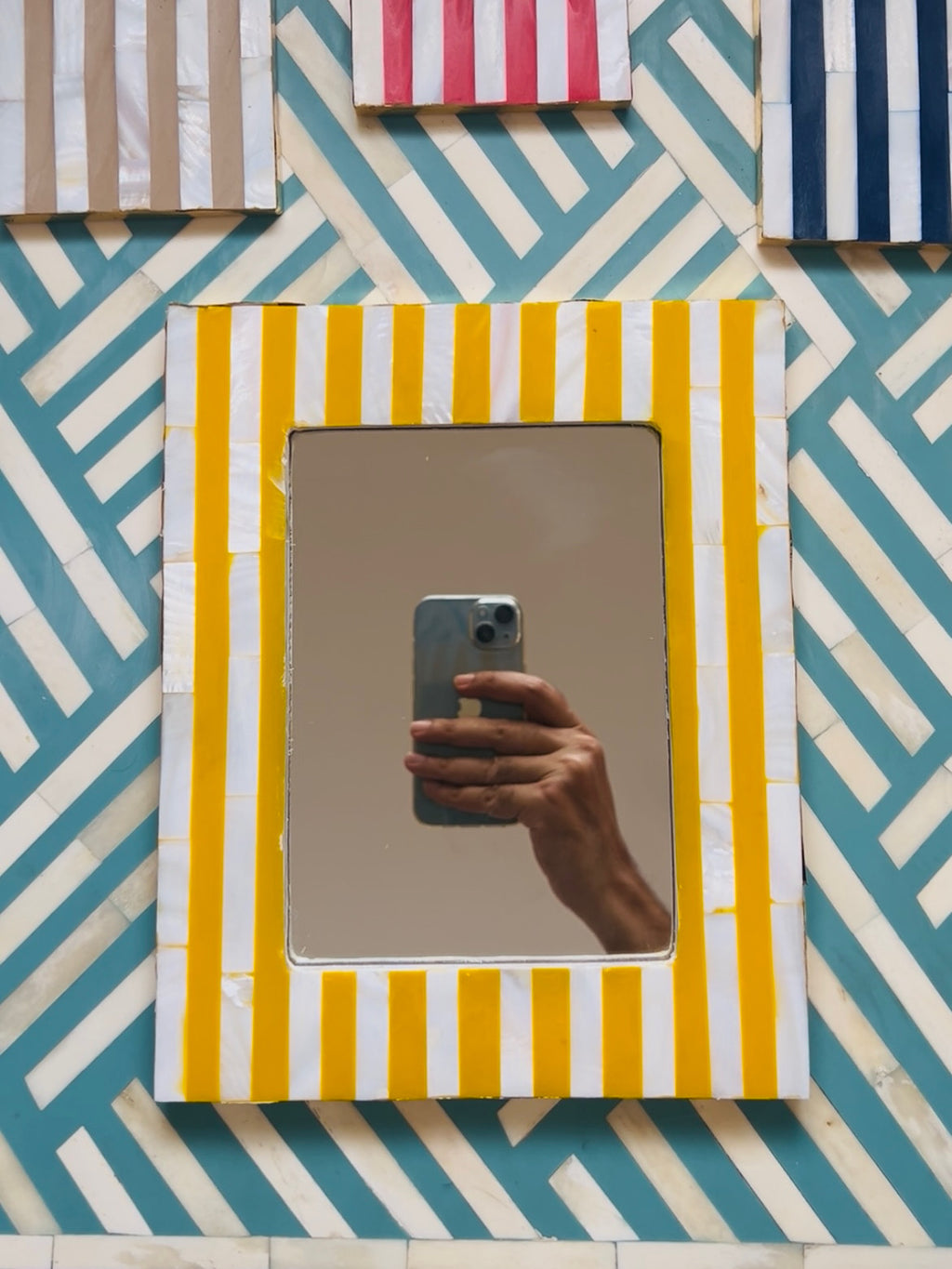 Handcrafted Yellow Stripe Mother of Pearl Mirror